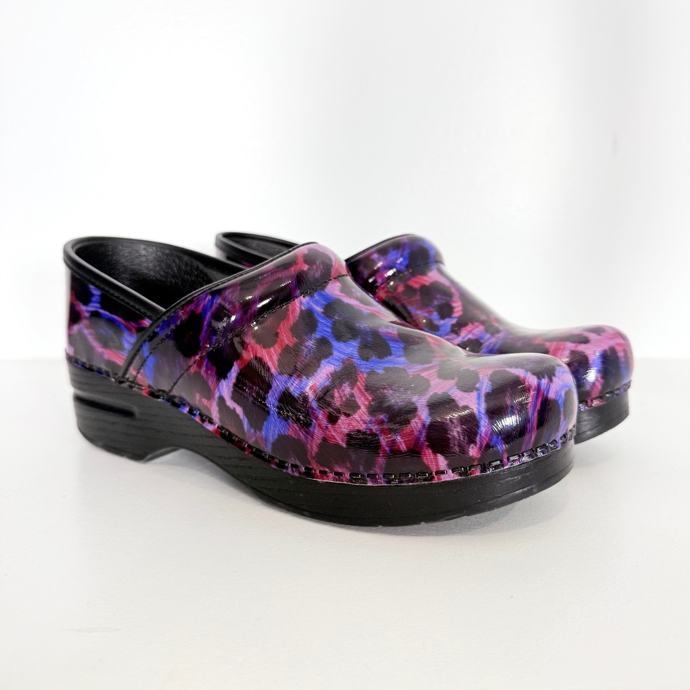 Dansko Professional Clogs Sz 38 (7.5) Purple Pink Leopard Patent Nursing Shoes